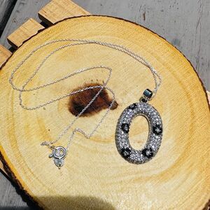 Sterling Silver Micro Pave CZ Oval Pendant Necklace-Black & White Sparkle